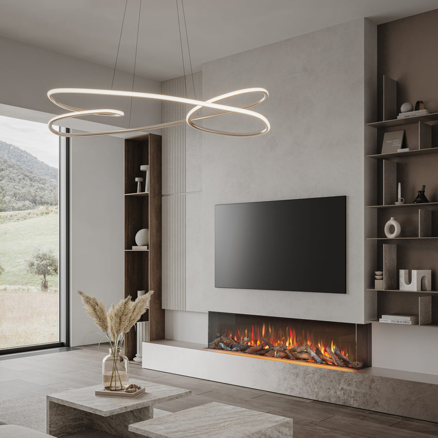 ilektro 1650 Landscape Premium electric fireplace built into a contemporary media wall