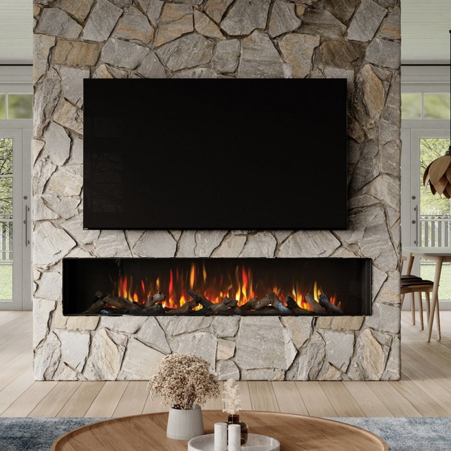 ilektro 2000 Landscape Premium electric fireplace built into a stone feature wall beneath a television