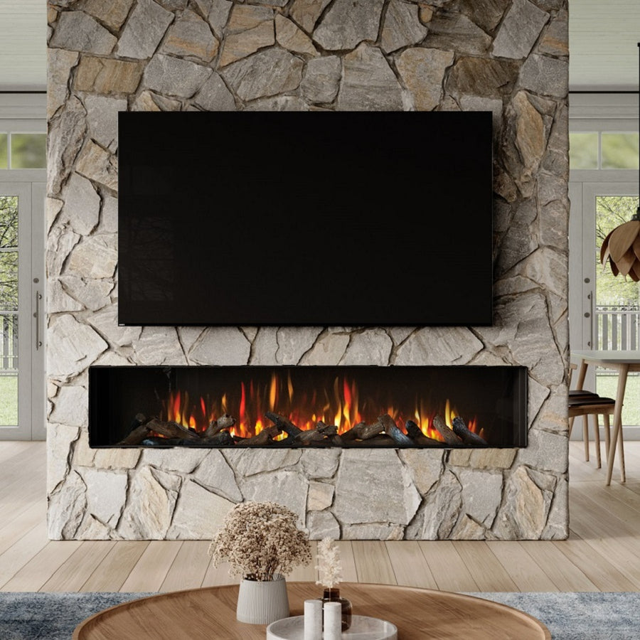 ilektro 2000 Landscape Premium electric fireplace built into a stone feature wall beneath a television