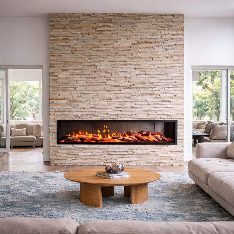 ilektro 2200 Elite 6kW electric fireplace built into a contemporary stone feature wall