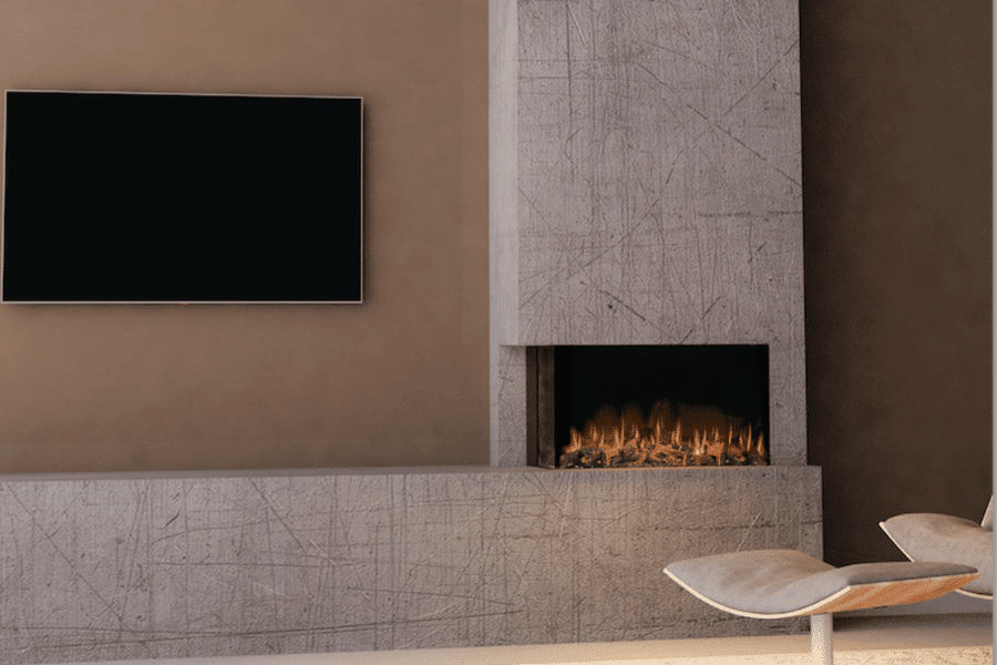 ilektro 950 Landscape Premium electric fireplace built into a contemporary feature wall