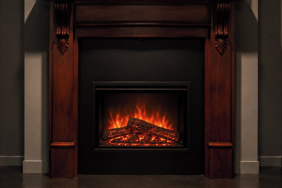 ilektro i650 electric fireplace insert installed in a traditional timber fireplace surround