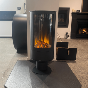 ilektro i650 Freestanding electric fireplace showing curved glass and flame display