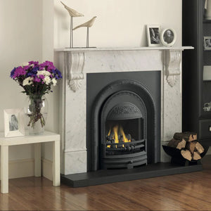Integra Ashbourne electric fireplace installed with a traditional white fireplace mantel