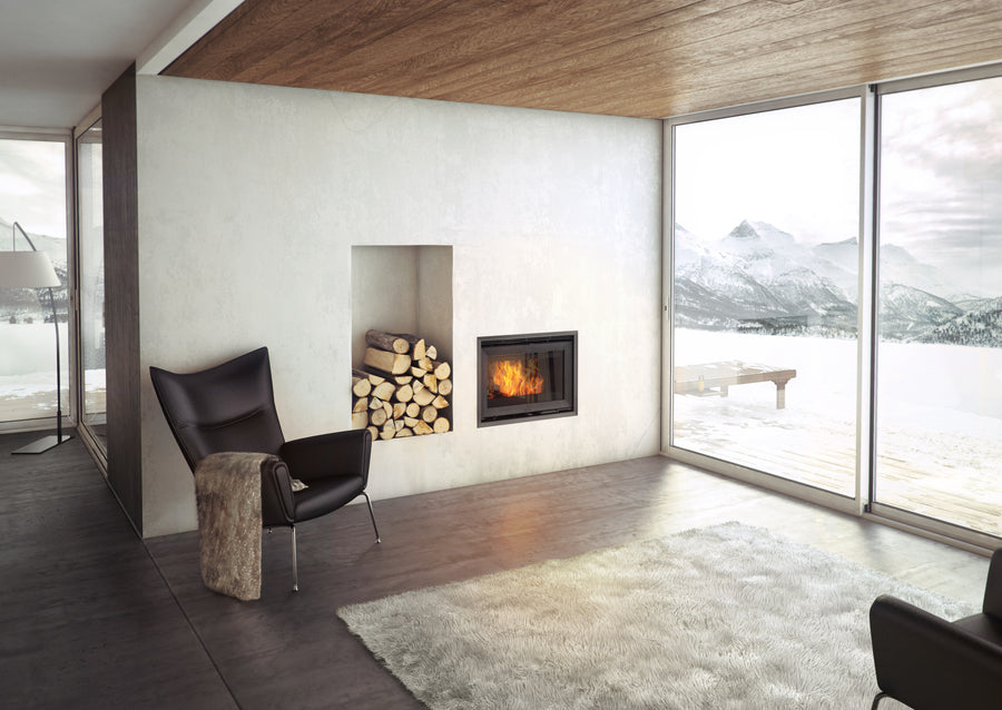 Jøtul C 24 inbuilt wood fireplace cassette installed in a modern living room