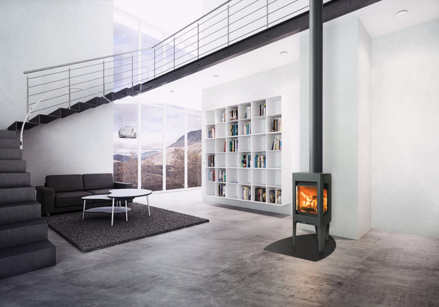 Jøtul F 163 freestanding wood heater installed in a modern living room