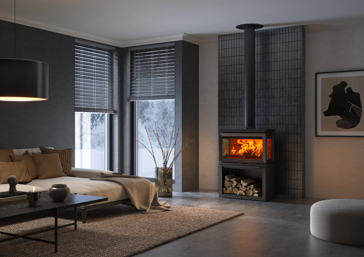 Jøtul F 620 wood heater with full wood-storage base in a modern living room