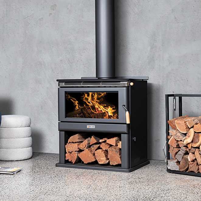 Kalora 600BX Woodstack freestanding wood heater with integrated firewood storage