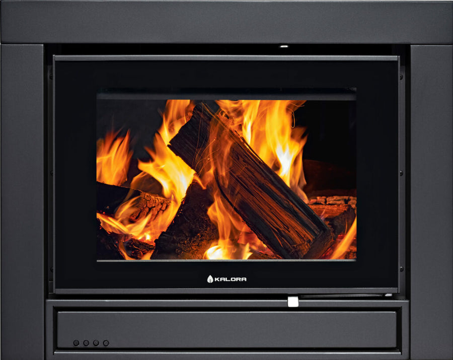 Kalora Accent fan-forced inbuilt wood heater with black fascia
