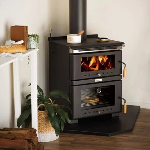 Kalora Fusion wood heater and cooking stove installed in a kitchen