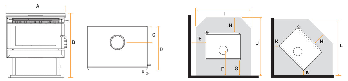 Kalora Fusion wood heater and cooking stove dimensions diagram