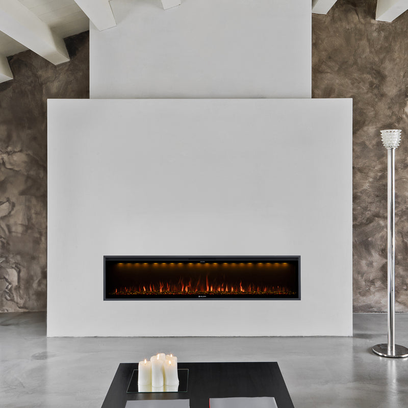 Kalora Nexus linear electric fireplace installed in a contemporary living room