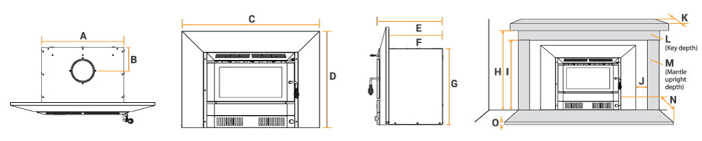 Kalora Sorrento gas fireplace dimensions and installation drawing