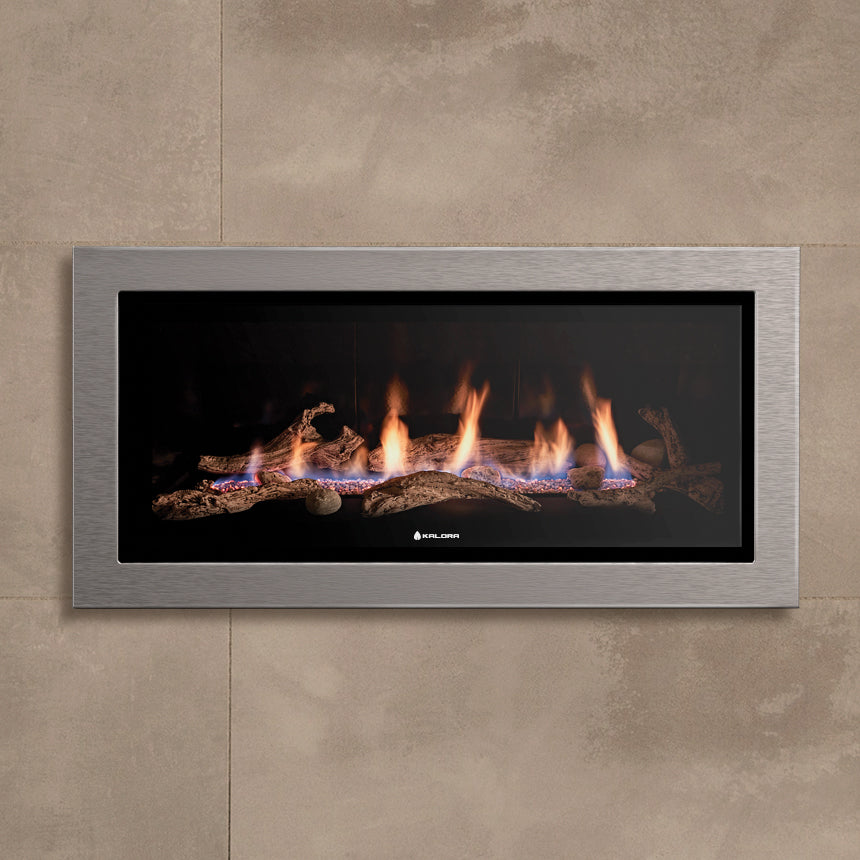Kalora Sorrento gas fireplace with stainless steel fascia and driftwood flame display