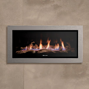 Kalora Sorrento gas fireplace with stainless steel fascia and driftwood flame display