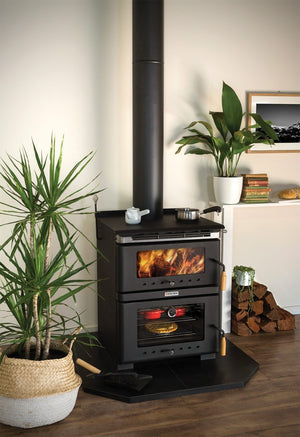 Kalora Fusion stove style fireplace with wood storage and fire burning