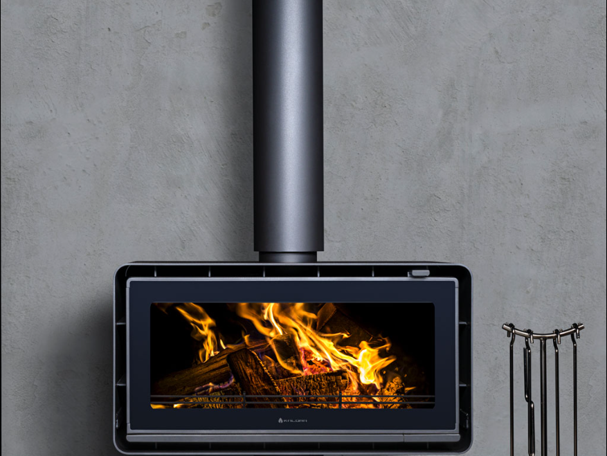Kalora Urban LS landscape wood heater with panoramic fire viewing window