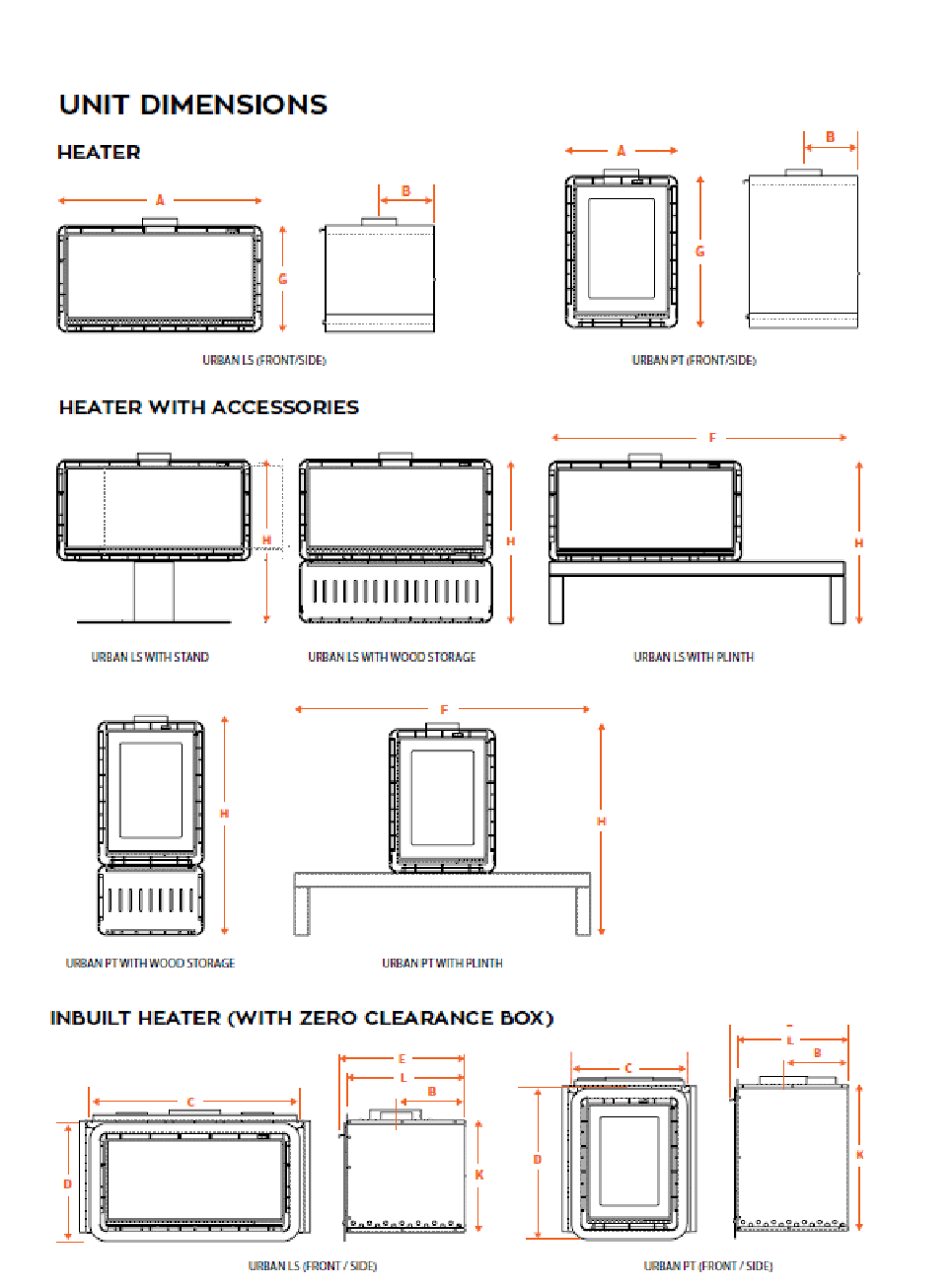 Kalora Urban LS wood heater dimensions and freestanding installation options