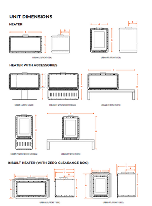 Kalora Urban LS wood heater dimensions and freestanding installation options