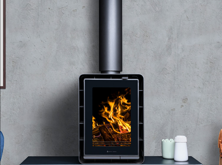 Kalora Urban PT portrait wood heater with tall vertical fire viewing window