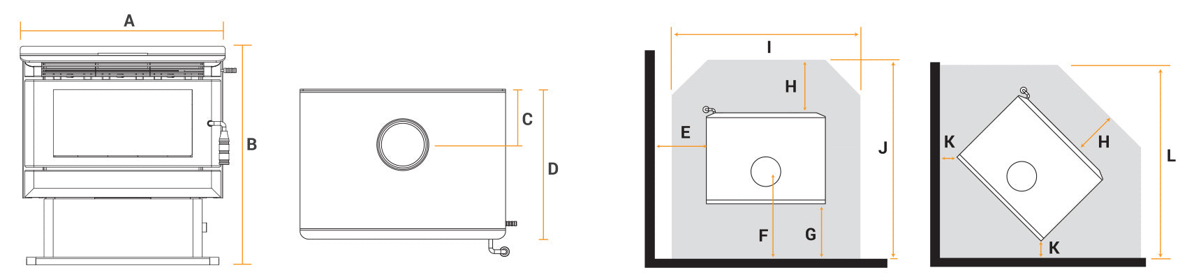 Kalora Urban PT fireplace dimensions and installation diagram