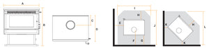 Kalora Urban PT fireplace dimensions and installation diagram