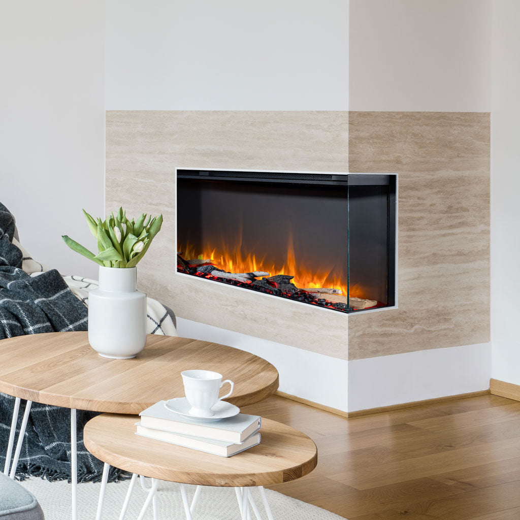 Kalora Zenith linear electric fireplace installed in a contemporary living room