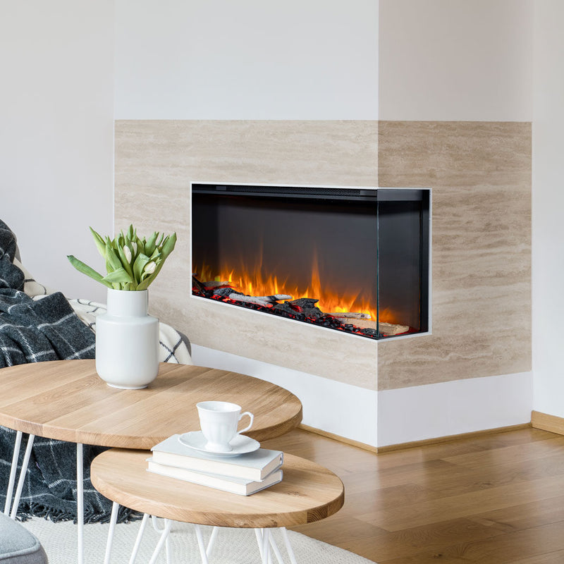 Kalora Zenith linear electric fireplace installed in a contemporary living room