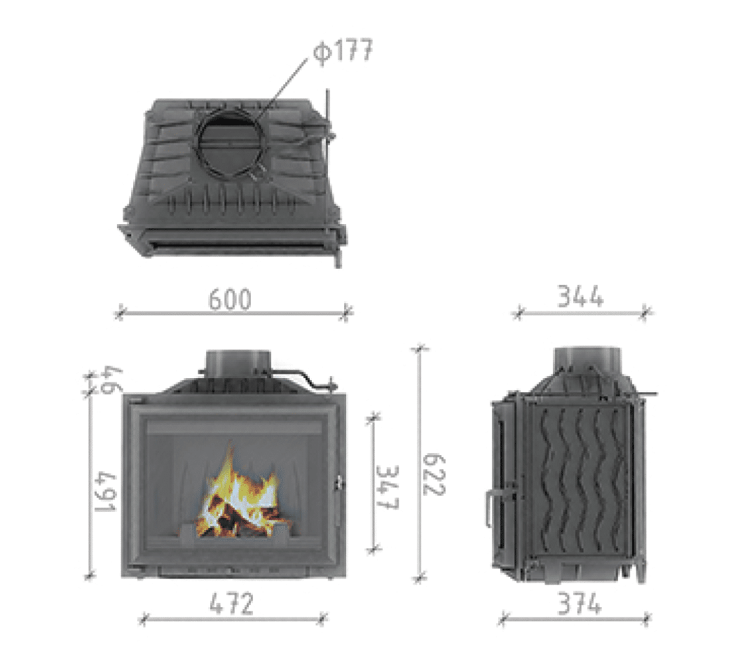 Modica 600 Glass Fronted wood fireplace dimensions and technical drawing