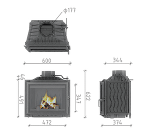 Modica 600 Glass Fronted wood fireplace dimensions and technical drawing