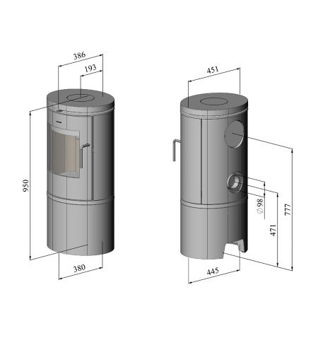 Morsø 6143 freestanding wood heater dimensions and technical drawing