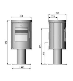 Morsø 6148 pedestal wood heater dimensions and technical drawing