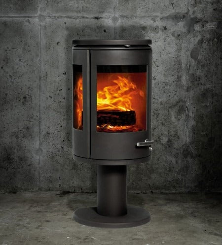 Morsø 7948 freestanding wood fireplace with pedestal and panoramic glass