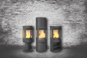 Jøtul F 370 V2 Advance wood heater shown with pedestal, closed and open base configurations