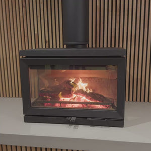 Jøtul F 620 wood heater burning with a wide panoramic view of the fire