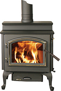 Quadra-Fire 4300 Step Top wood heater with satin nickel trim arched door