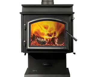 Front view of Quadra-Fire 4300 Step Top wood heater with pedestal and ash removal system