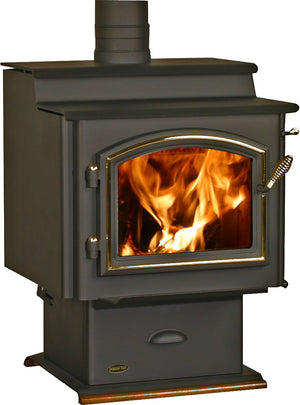 Quadra-Fire 4300 Step Top wood heater with pedestal base and black arched door