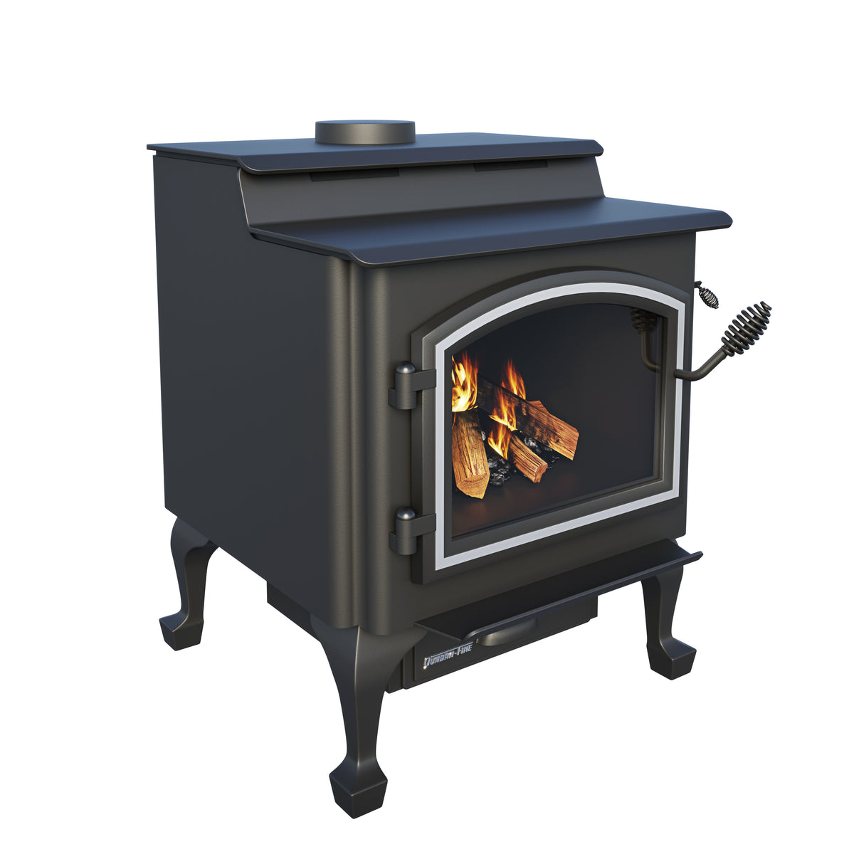 Quadra-Fire 4300 Step Top wood heater angled view with arched door