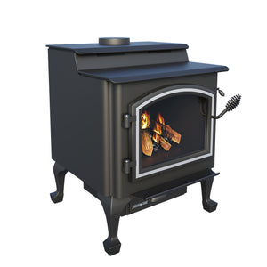 Quadra-Fire 4300 Step Top wood heater angled view with arched door