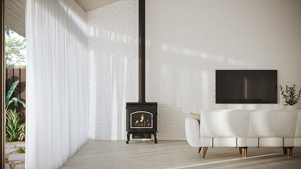 Quadra-Fire 4300 Step Top freestanding wood heater installed in a modern home