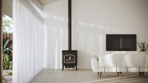Quadra-Fire 4300 Step Top freestanding wood heater installed in a modern home
