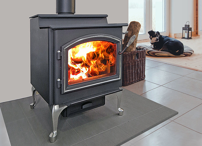 Quadra-Fire 5700 Step Top wood heater with Black Queen Anne legs installed on hearth
