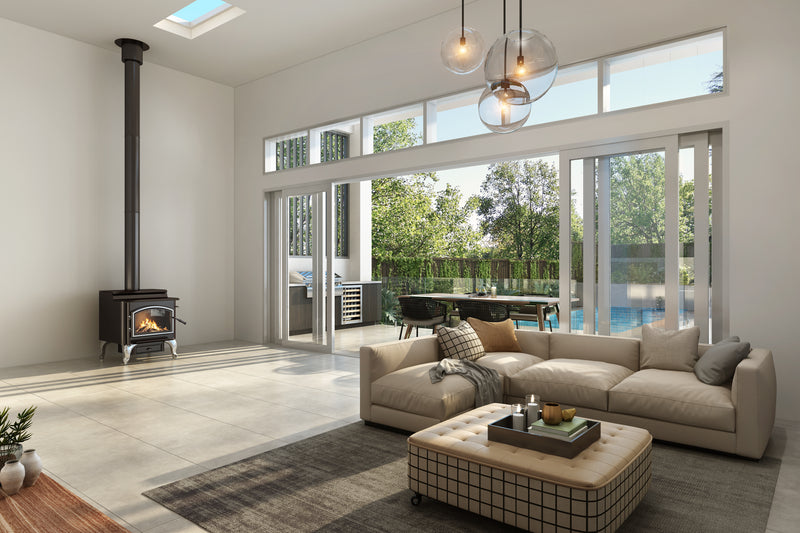 Quadra-Fire 5700 Step Top freestanding wood heater with Satin Nickel Queen Anne legs