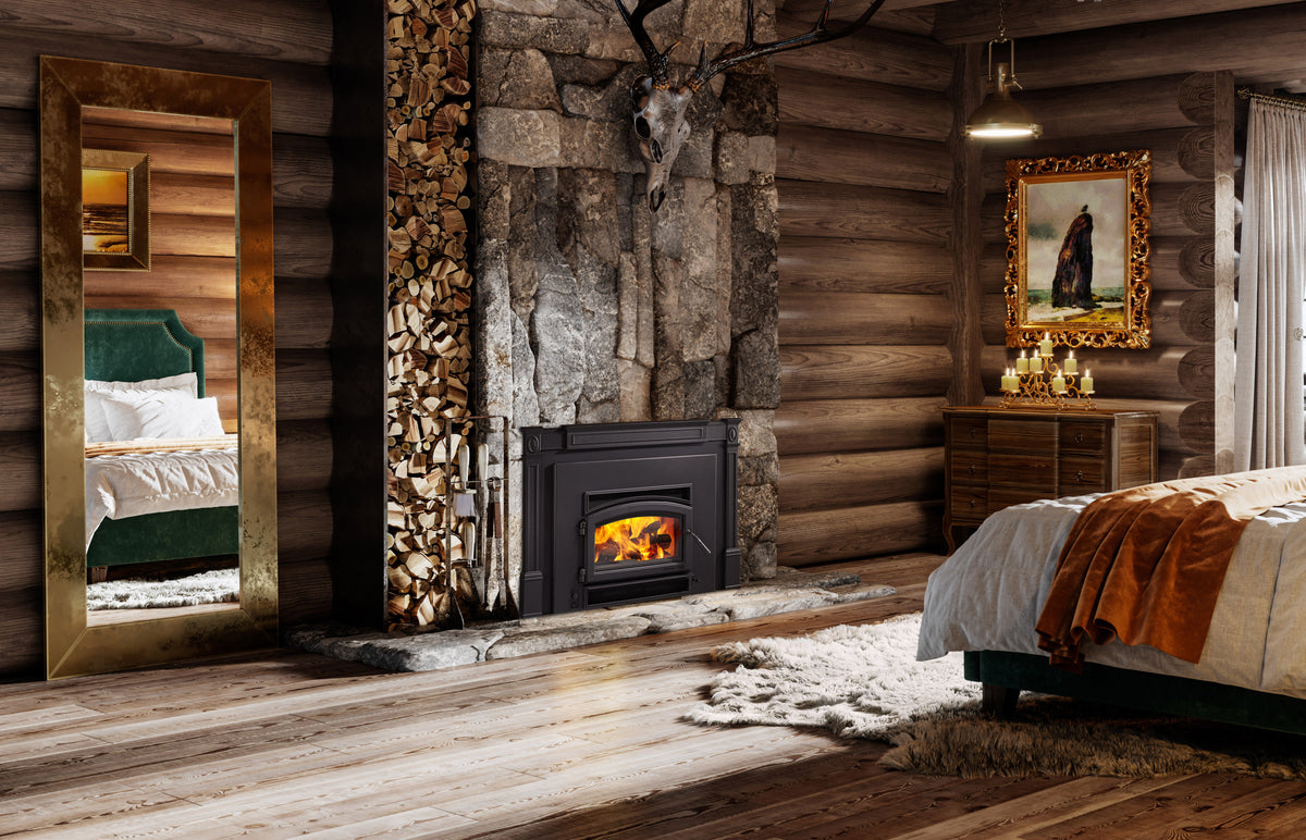 Quadra-Fire Expedition 1 wood insert installed in a stone fireplace