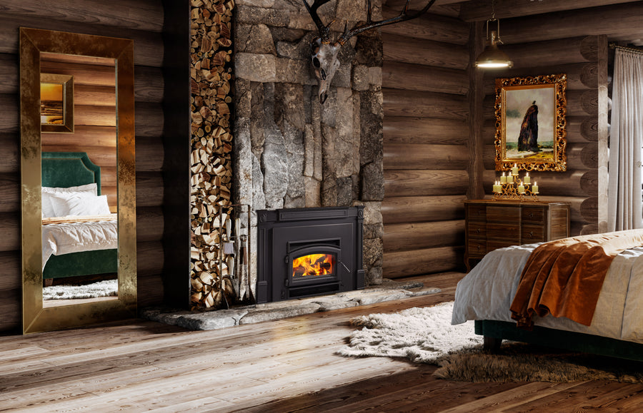 Quadra-Fire Expedition 1 wood insert installed in a stone fireplace