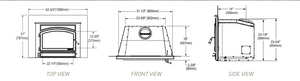 Quadra-Fire Expedition 2 wood insert dimensions showing front, top and side measurements