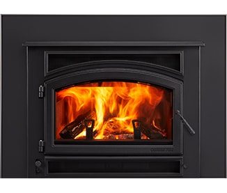 Quadra-Fire Expedition wood insert with black fireplace surround