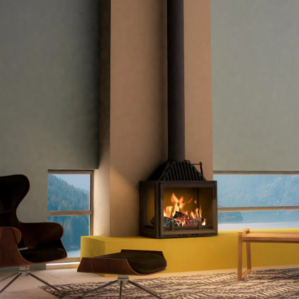 Siena 750 2 Sided Left wood fireplace with panoramic corner glass in a contemporary living room