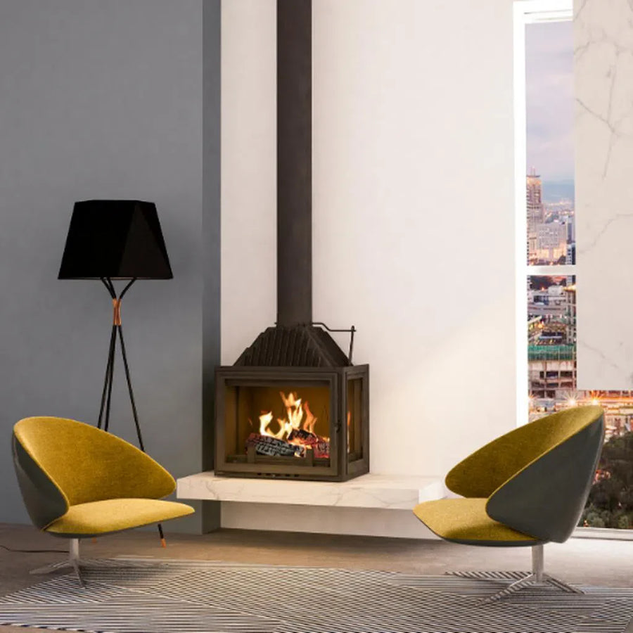 Siena 750 2 Sided Right wood fireplace with panoramic corner glass in a contemporary living room